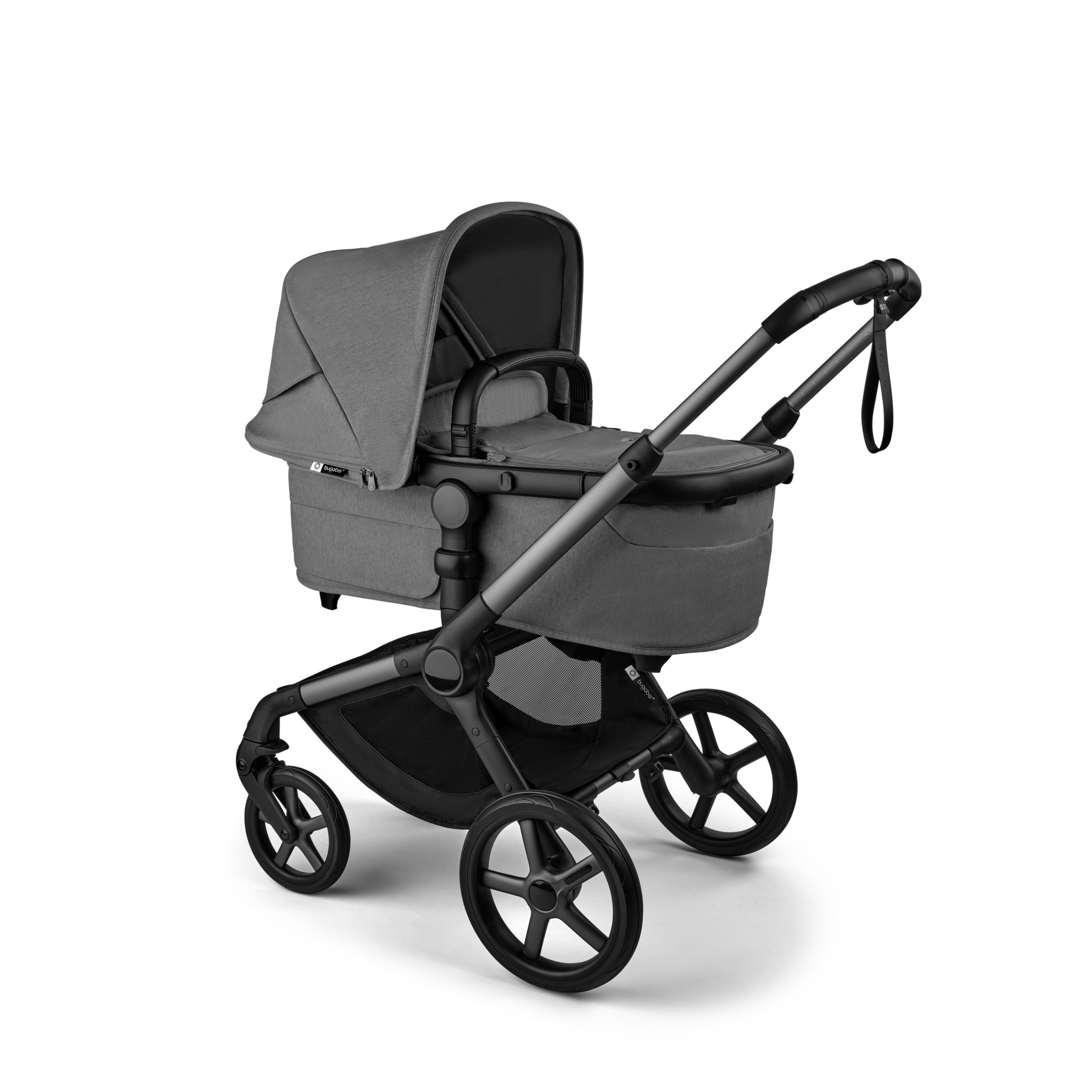 Bugaboo Fox 5 Renew carrycot baby pushchair, with graphite chassis, Moon Grey fabrics, and Moon Grey sun canopy. - Thumbnail Slide 2 of 12