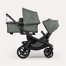 Bugaboo Kangaroo tandem stroller black base, forest green fabrics, forest green sun canopy test
