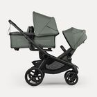 Bugaboo Kangaroo tandem stroller black base, forest green fabrics, forest green sun canopy test
