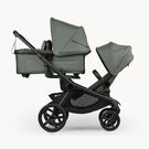 Bugaboo Kangaroo tandem stroller black base, forest green fabrics, forest green sun canopy test