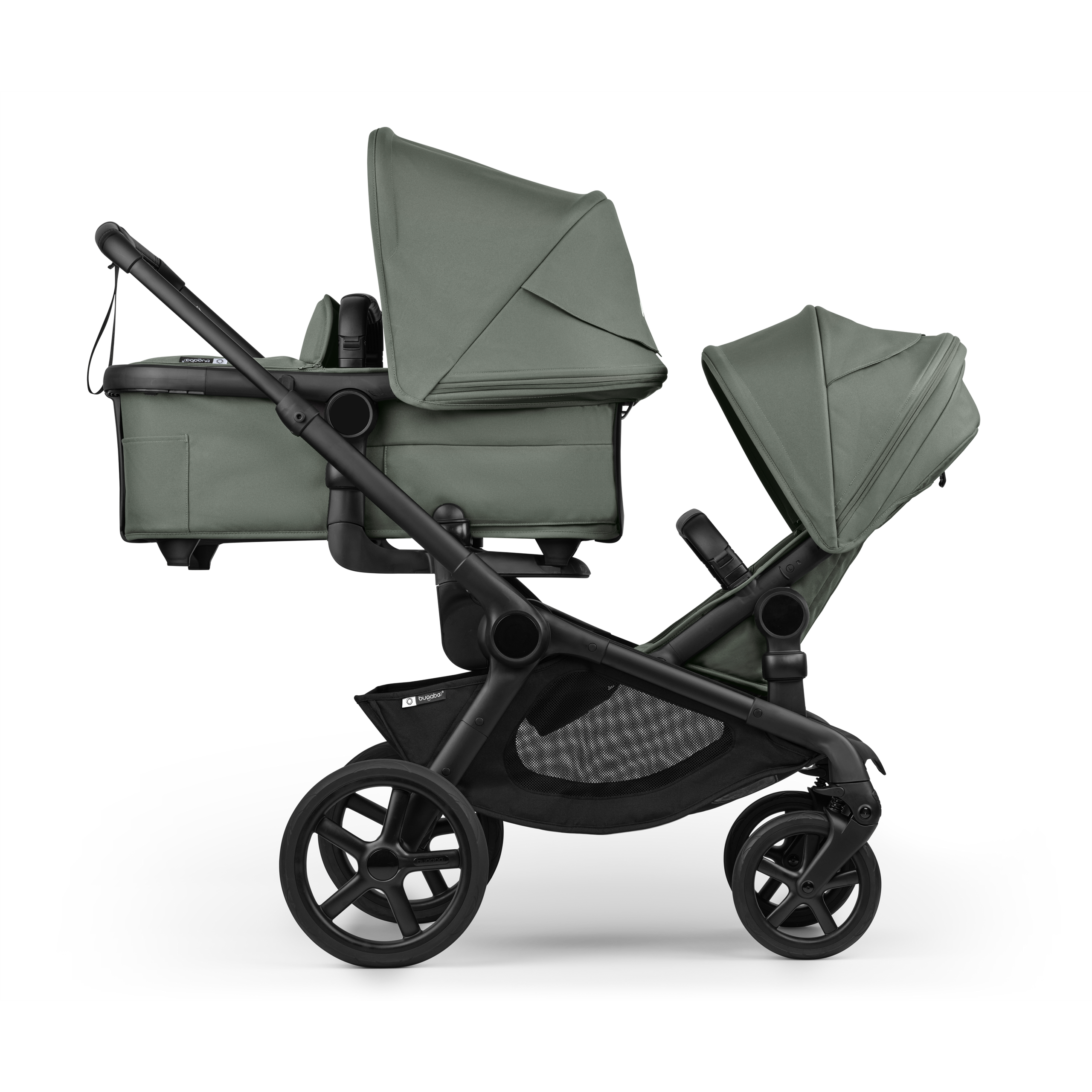Bugaboo Kangaroo tandem stroller black base, forest green fabrics, forest green sun canopy test - Thumbnail Slide 2 of 5