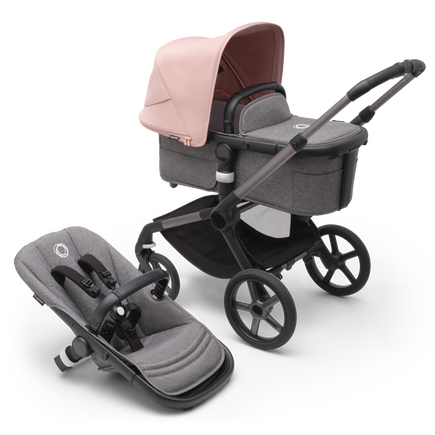 Bugaboo Fox 5 bassinet and seat pram with graphite chassis, grey melange fabrics and morning pink sun canopy.