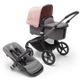 Bugaboo Fox 5 bassinet and seat pram with graphite chassis, grey melange fabrics and morning pink sun canopy.
