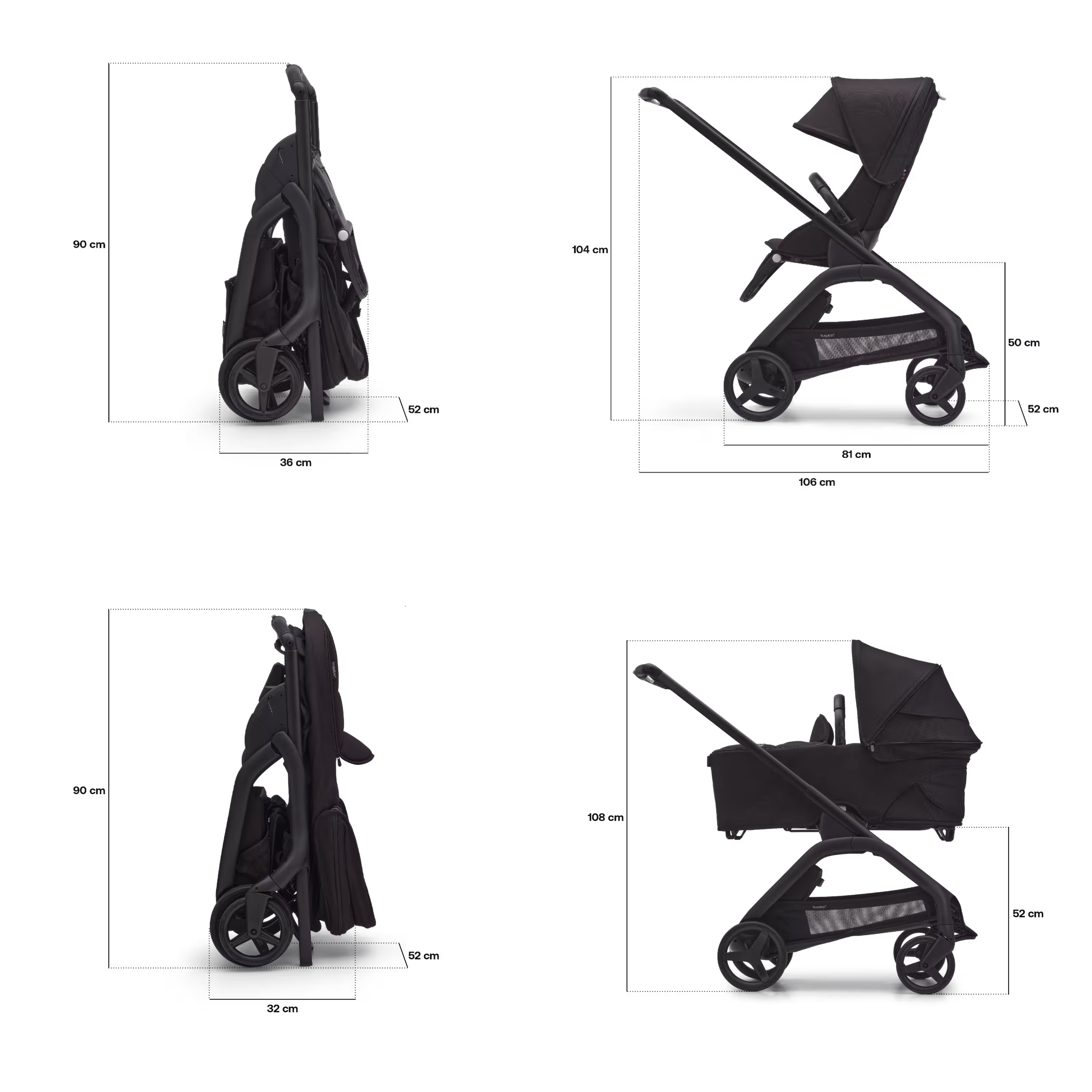 Refurbished Bugaboo Dragonfly bassinet and seat stroller black base, grey melange fabrics, forest green sun canopy - Main Modal Image Slide 5 van 10