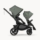 Bugaboo Kangaroo tandem stroller black base, forest green fabrics, forest green sun canopy test