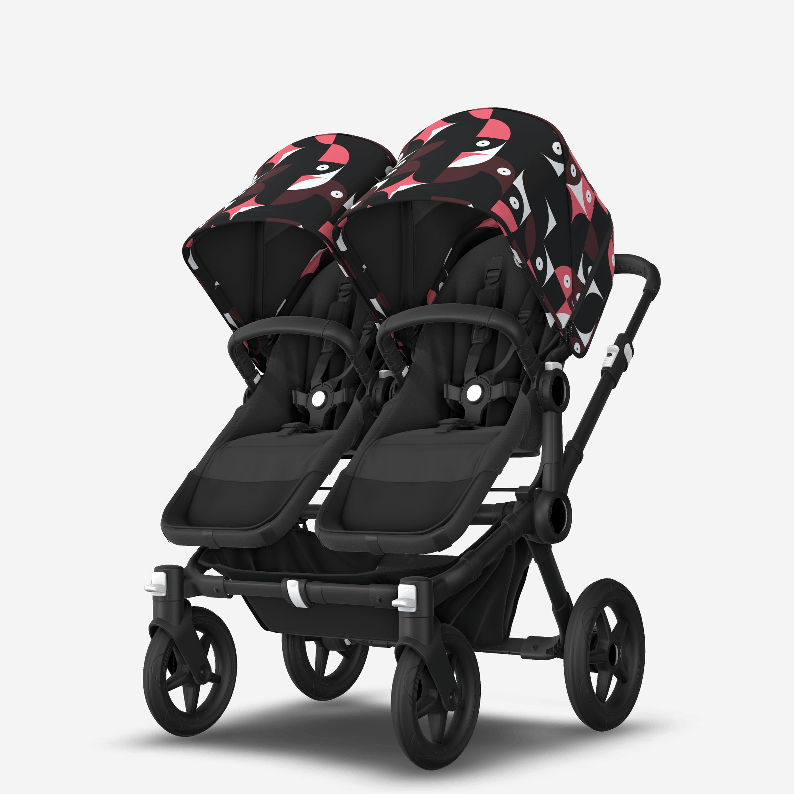 Bugaboo Donkey 5 twin stroller black base, midnight black fabrics, animal explorer pink/red sun canopy - Main Modal Image Slide 2 of 12