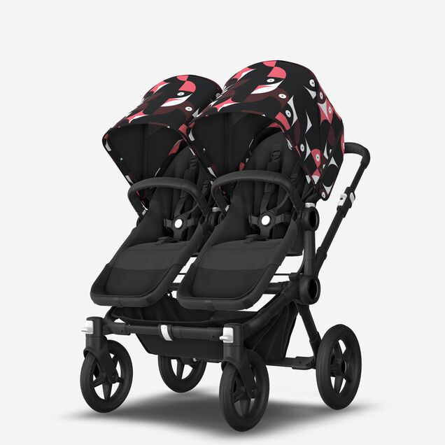 Bugaboo Donkey 5 twin stroller black base, midnight black fabrics, animal explorer pink/red sun canopy - Main Image Slide 2 of 12