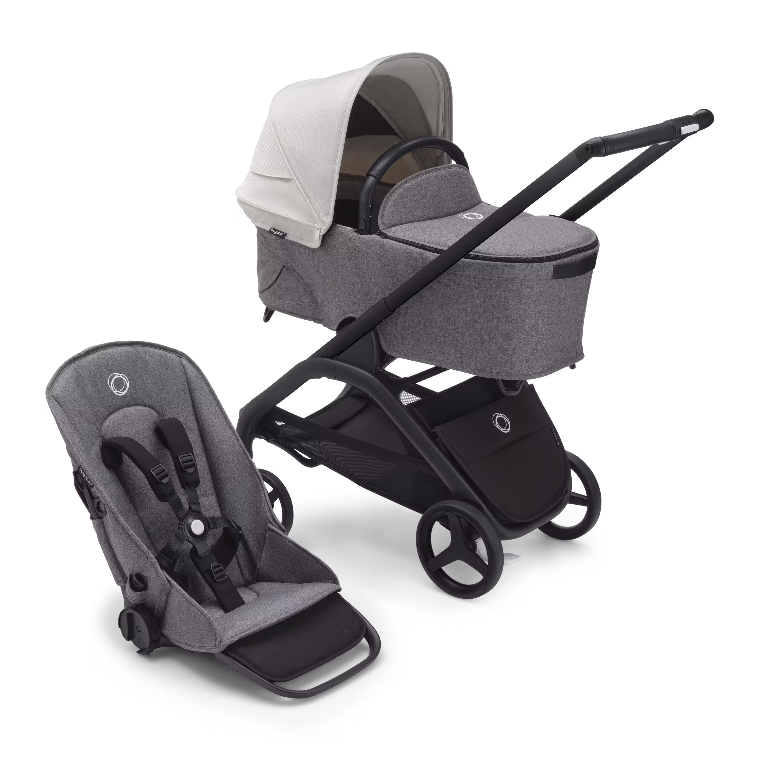Bugaboo Dragonfly bassinet and seat stroller with black chassis, grey melange fabrics and misty white sun canopy. - Main Modal Image Slide 1 of 16