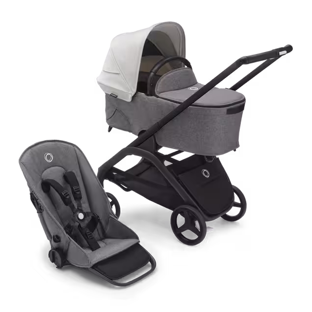 Bugaboo Dragonfly bassinet and seat stroller with black chassis, grey melange fabrics and misty white sun canopy. - Main Image Slide 1 of 16