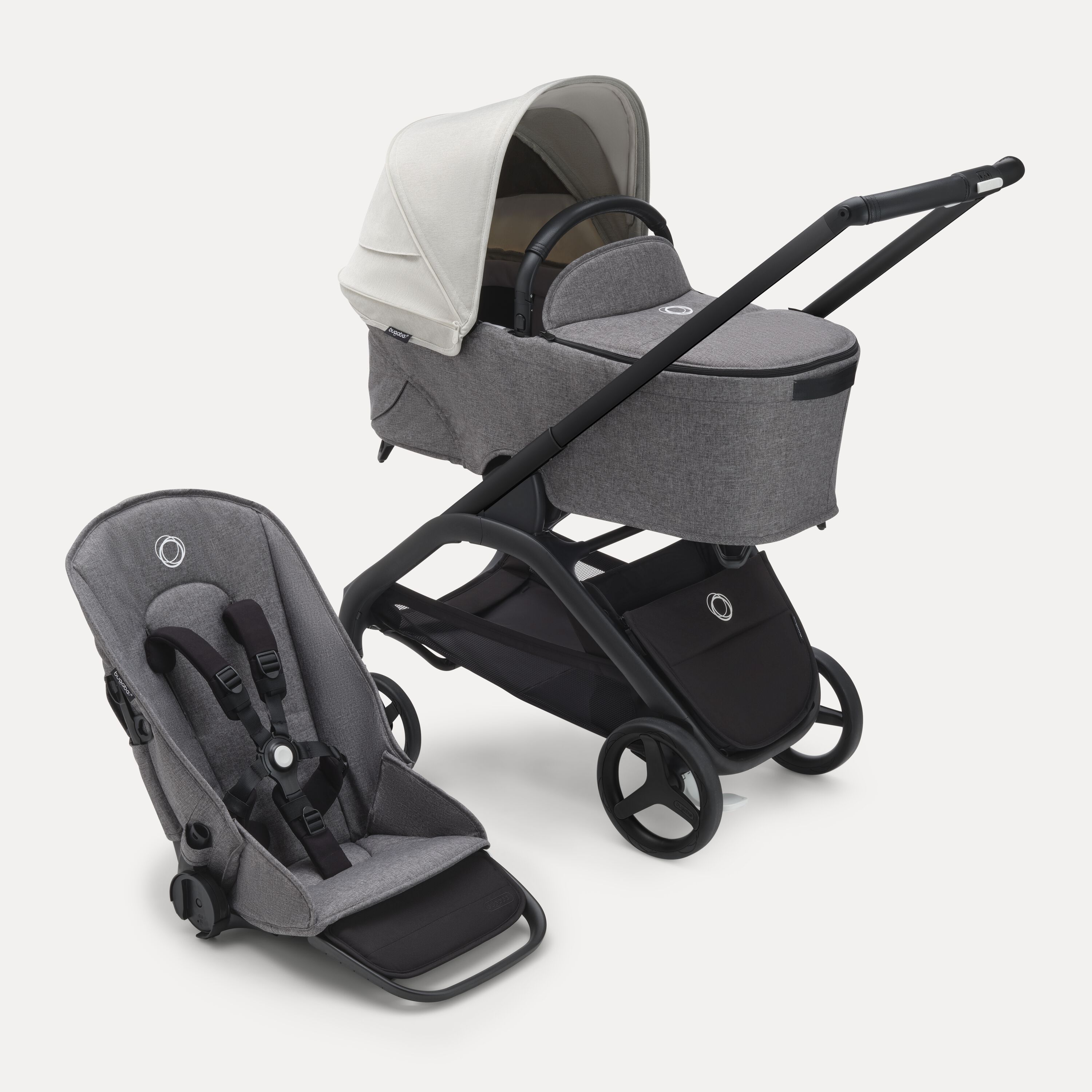 Bugaboo Dragonfly bassinet and seat stroller with black chassis, grey melange fabrics and misty white sun canopy. - Main Modal Image Slide 1 of 16