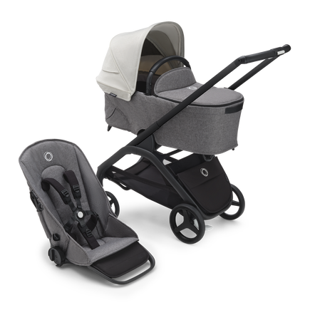 Bugaboo Dragonfly bassinet and seat stroller with black chassis, grey melange fabrics and misty white sun canopy.