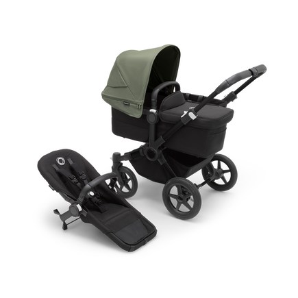 PP Bugaboo Donkey 5 Mono bassinet and seat stroller black base, midnight black fabrics, forest green sun canopy - view 1