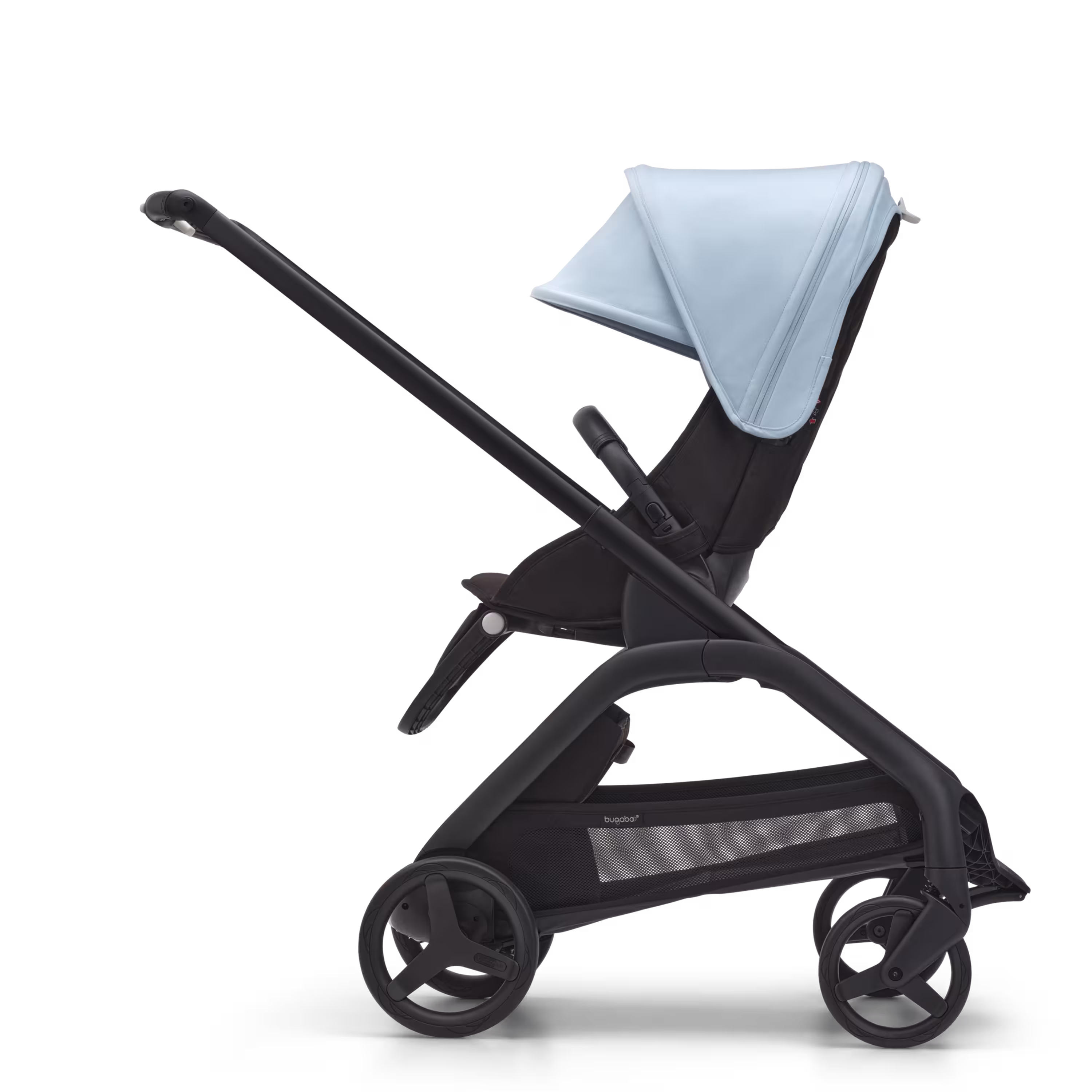Side view of the Bugaboo Dragonfly seat stroller with black chassis, midnight black fabrics and skyline blue sun canopy. - Main Modal Image Slide 2 of 16