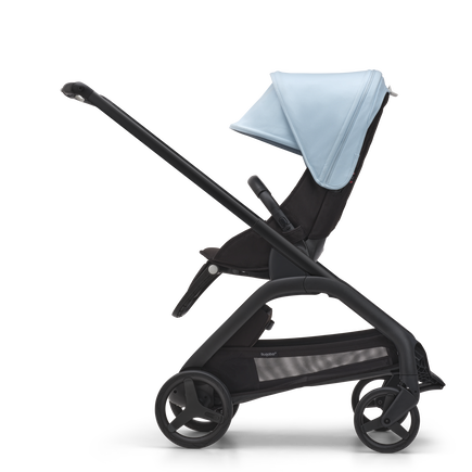 Side view of the Bugaboo Dragonfly seat stroller with black chassis, midnight black fabrics and skyline blue sun canopy.