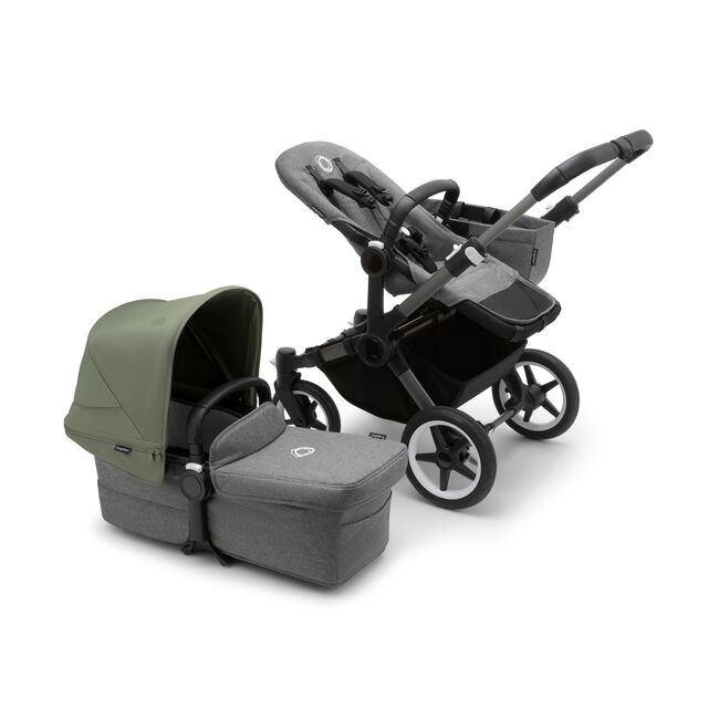 Bugaboo Donkey 5 Mono seat stroller with graphite chassis and grey melange fabrics, plus seat with forest green sun canopy.