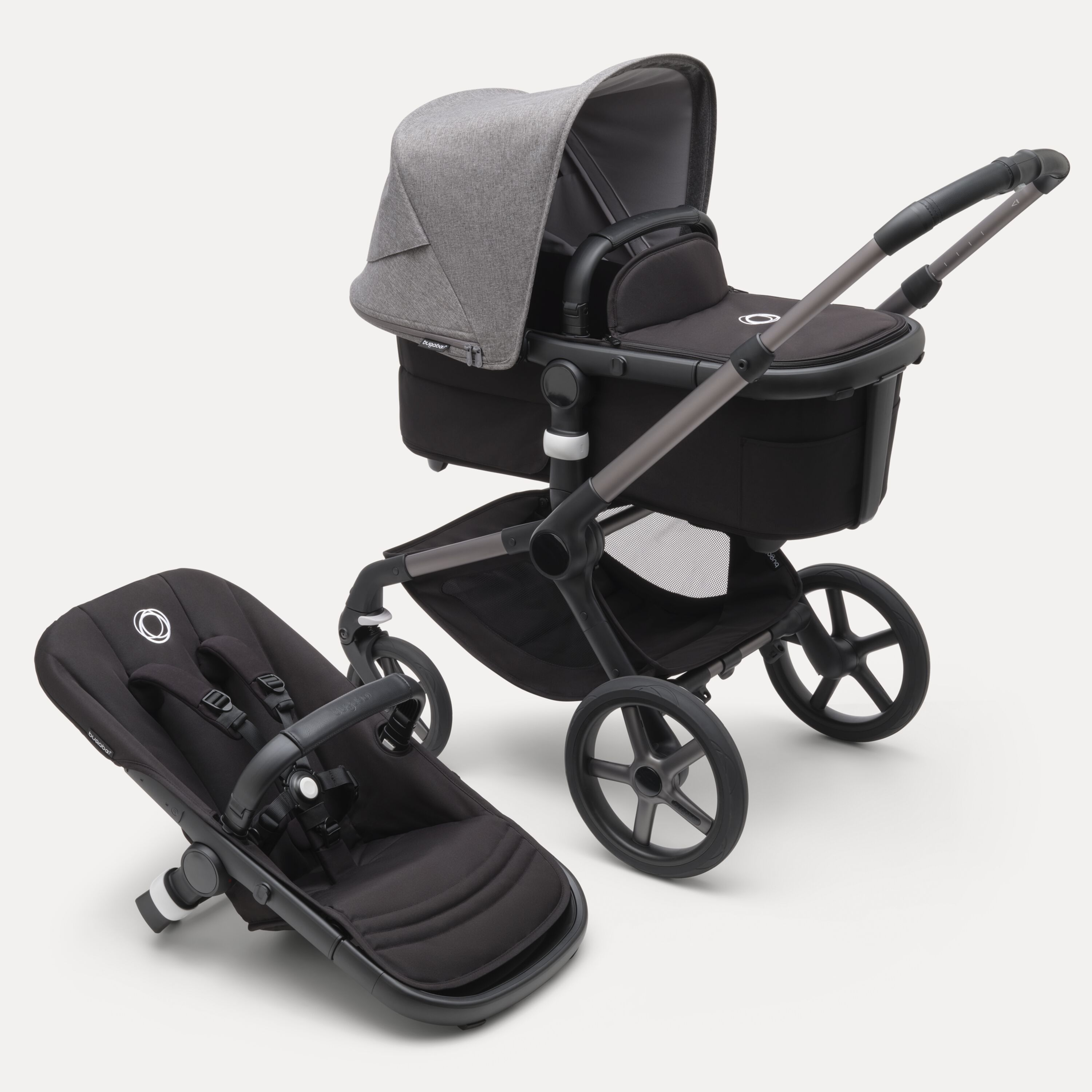 Refurbished Bugaboo Fox 5 bassinet and seat stroller graphite base, midnight black fabrics, grey melange sun canopy - Main Modal Image Slide 1 of 10