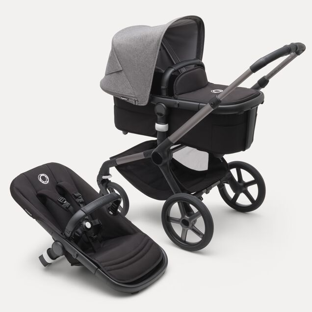 Refurbished Bugaboo Fox 5 bassinet and seat stroller graphite base, midnight black fabrics, grey melange sun canopy - Main Image Slide 1 of 10