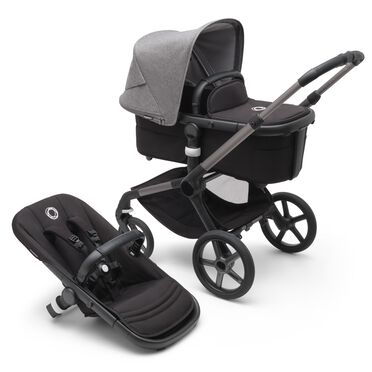 Refurbished Bugaboo Fox 5 bassinet and seat stroller graphite base, midnight black fabrics, grey melange sun canopy