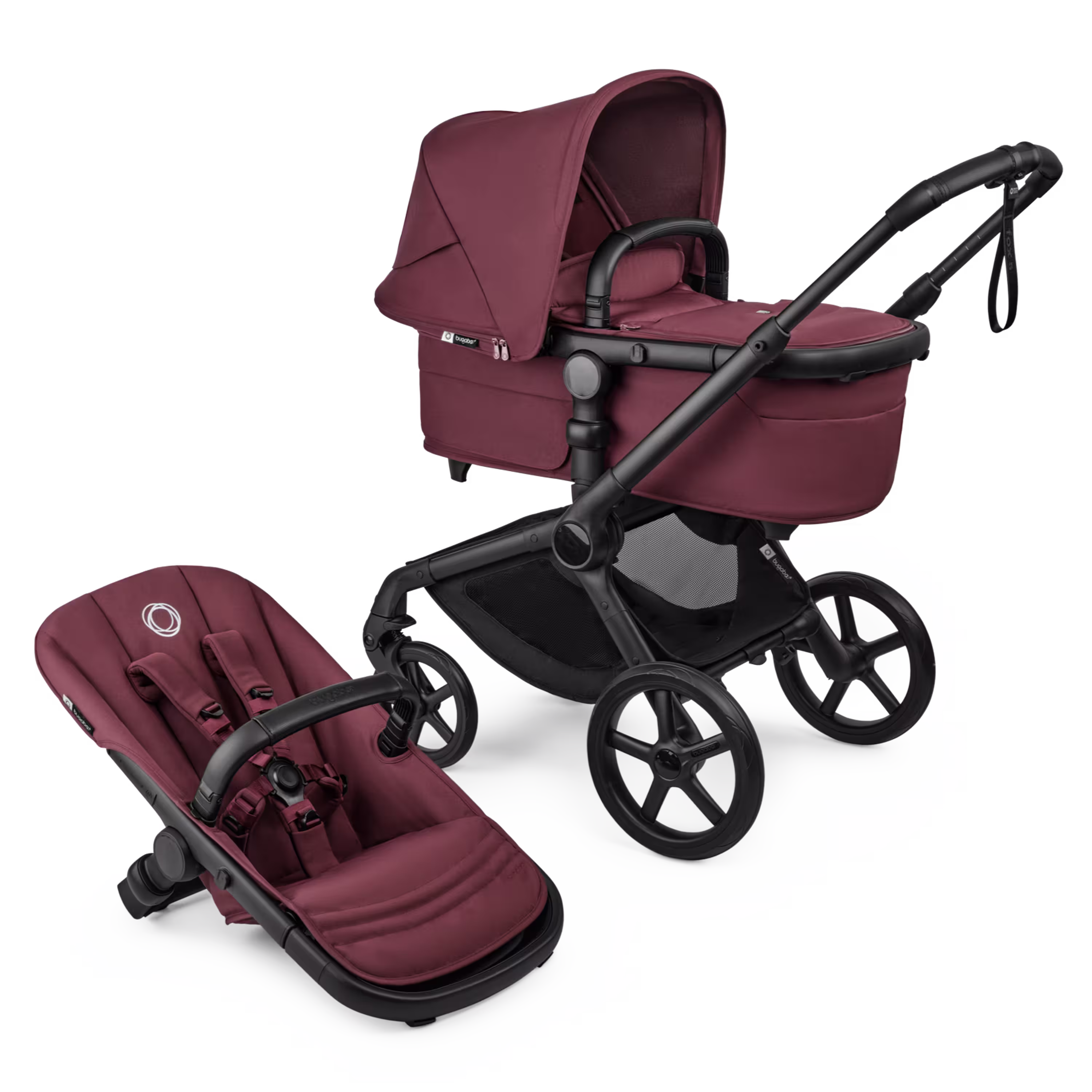 Bugaboo Fox 5 Renew carrycot and seat 2-in-1 pushchair, with black chassis, Dark Cherry fabrics, and Dark Cherry sun canopy. - Main Modal Image Slide 1 of 12