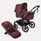 Bugaboo Fox 5 Renew carrycot and seat 2-in-1 pushchair, with black chassis, Dark Cherry fabrics, and Dark Cherry sun canopy.