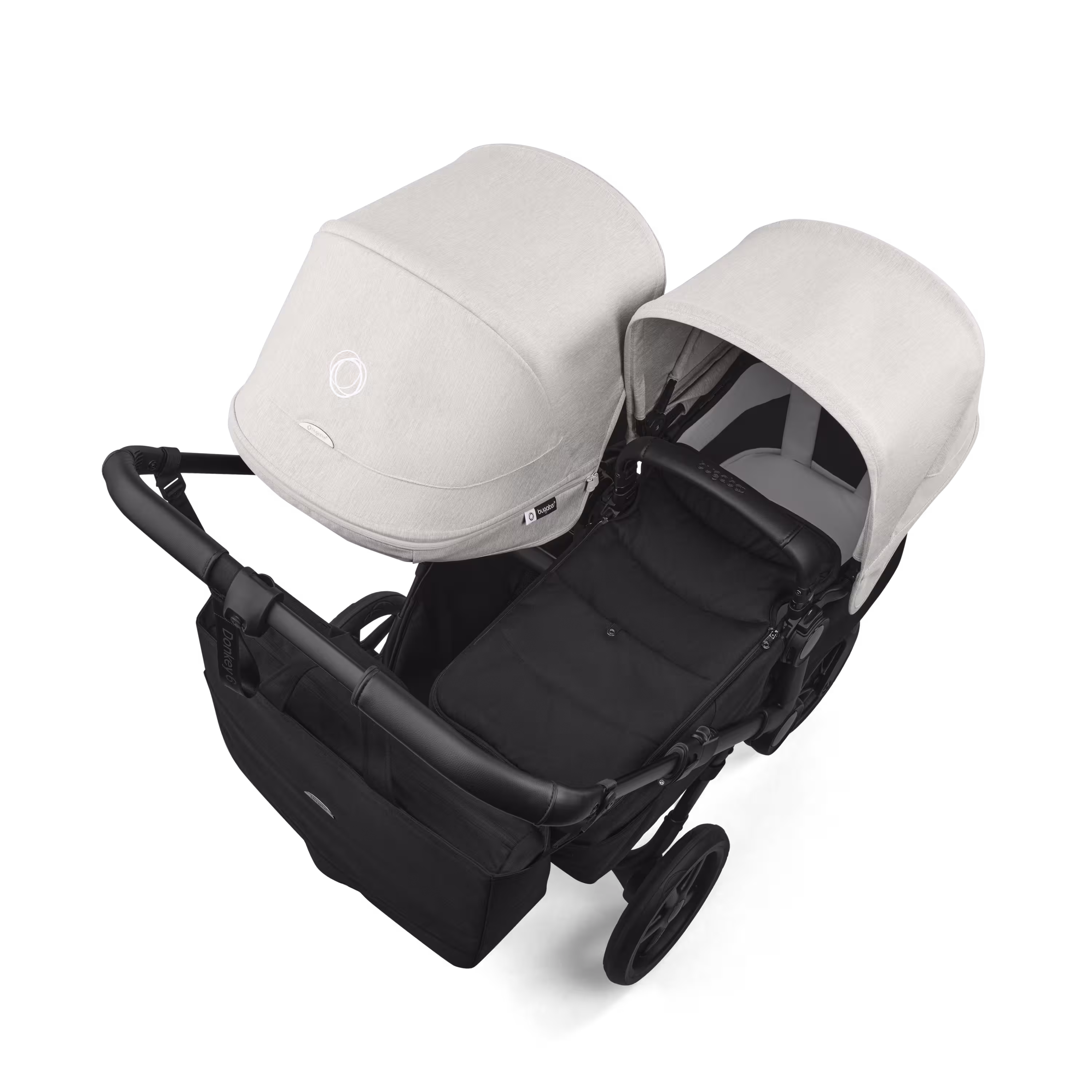 Bugaboo Donkey 6 double stroller black base, heritage black fabrics, misty white sun canopy view 4 - Main Modal Image Slide 4 of 10