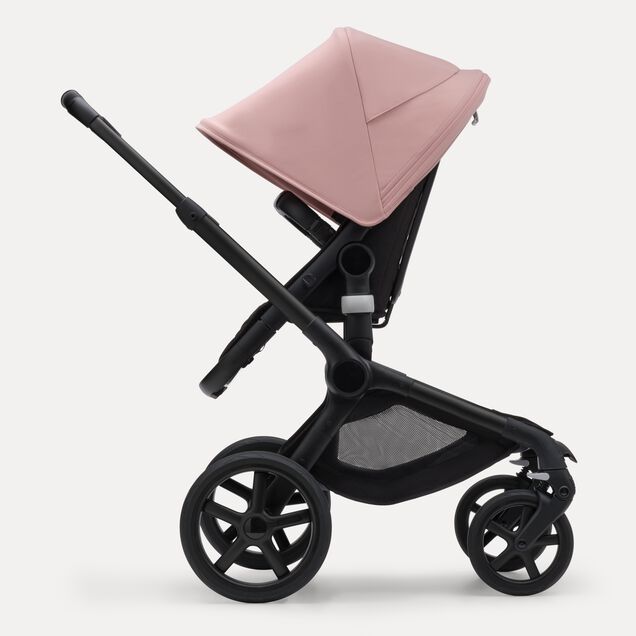 Refurbished Bugaboo Fox 5 bassinet and seat stroller black base, midnight black fabrics, morning pink sun canopy - Main Image Slide 3 of 7
