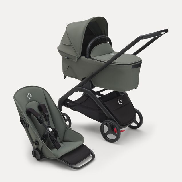 Bugaboo Dragonfly bassinet and seat pram with black chassis, forest green fabrics and forest green sun canopy. - Main Image Slide 1 of 16