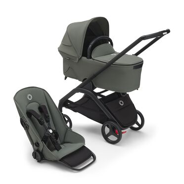 Bugaboo Dragonfly bassinet and seat pram with black chassis, forest green fabrics and forest green sun canopy.