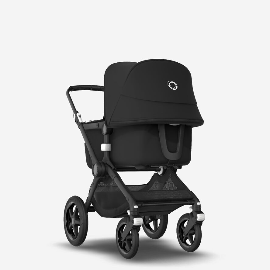 Bugaboo Fox 2 seat and carrycot pushchair black sun canopy, black fabrics, black chassis
