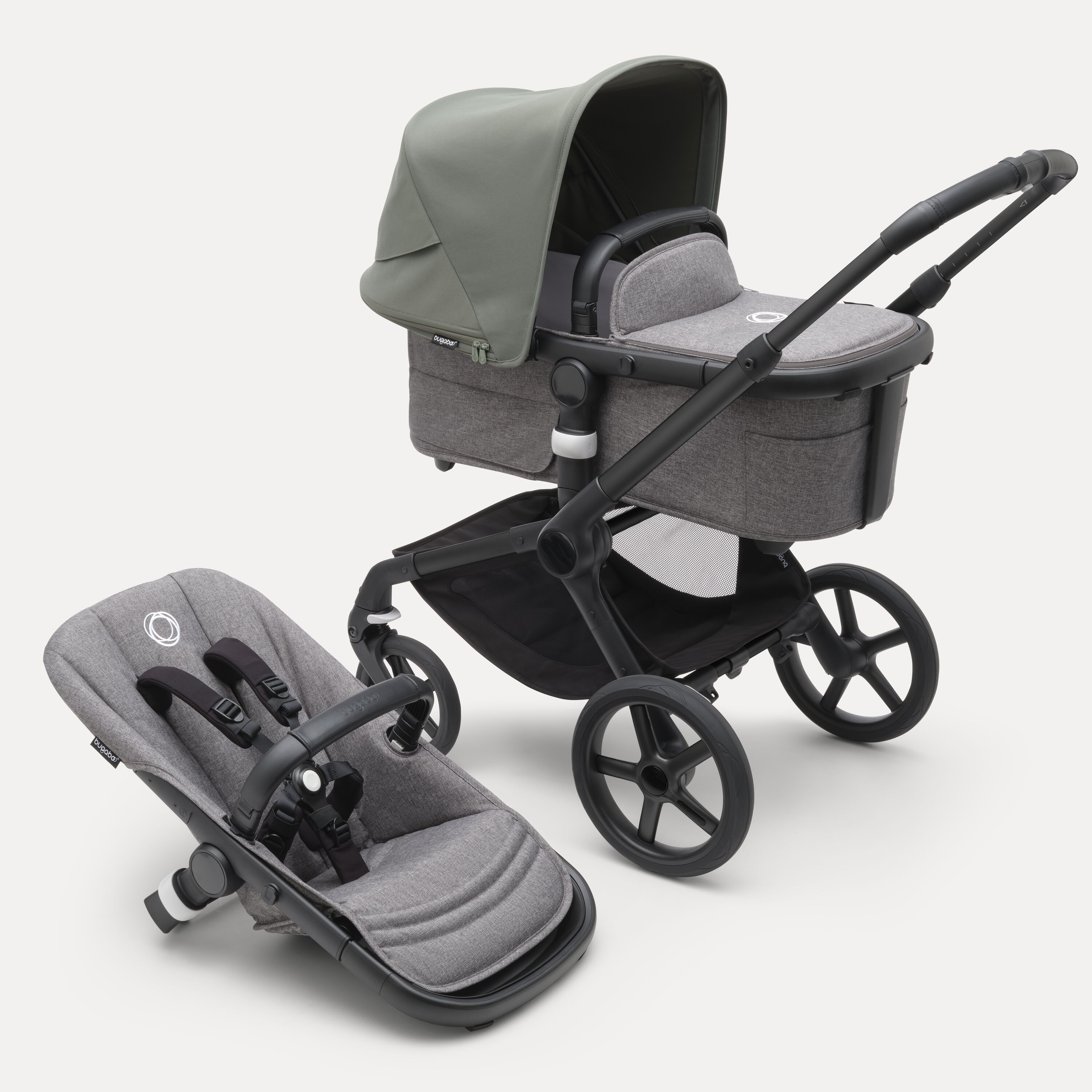 Bugaboo Fox 5 2-in-1 stroller black base, grey melange fabrics, forest green sun canopy - Main Modal Image Slide 1 of 12