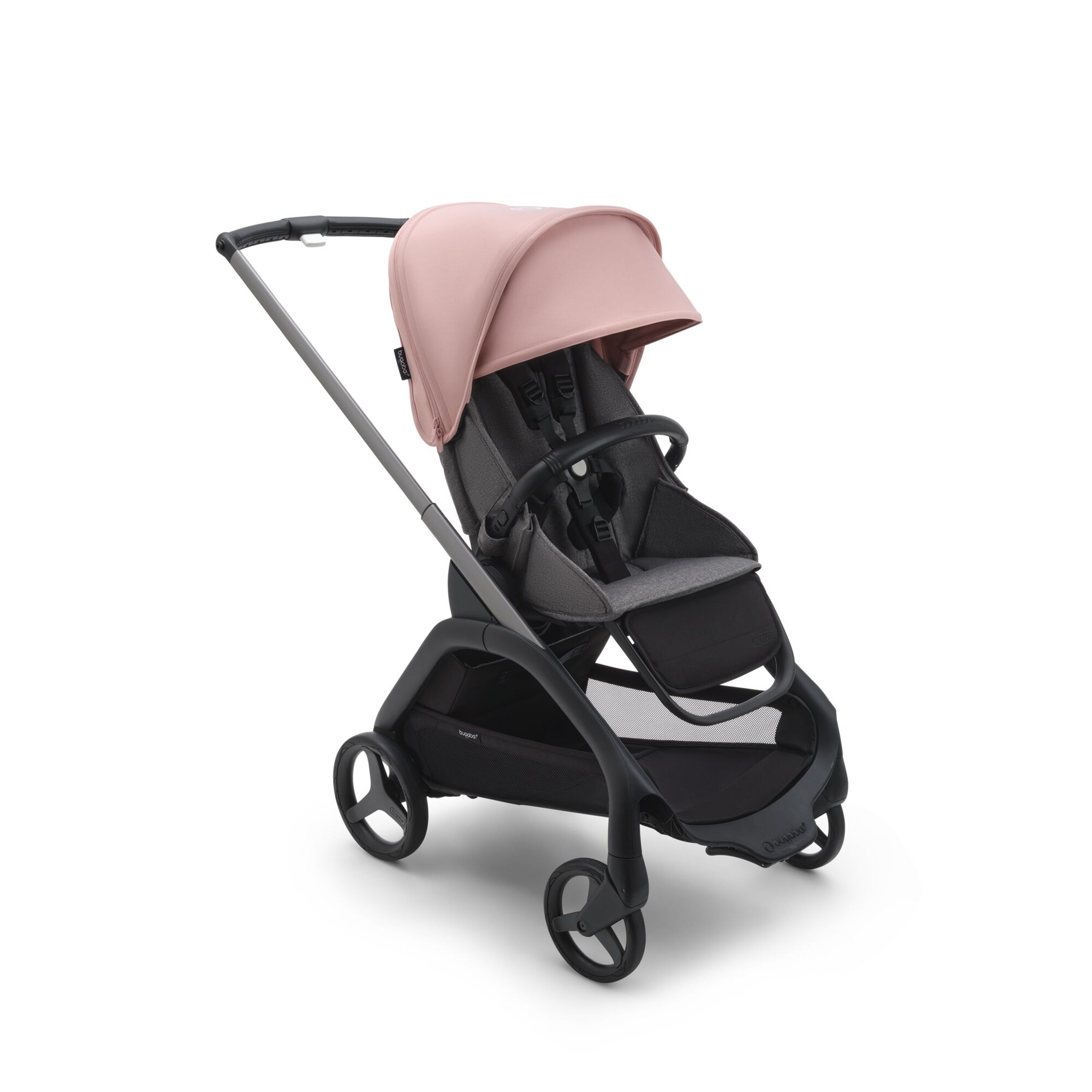 Bugaboo Dragonfly Sitz-Kinderwagen mit graphitgrauem Fahrgestell, grau meliertem Stoff und morgenrosa Sonnendach. - Main Modal Image Slide 1 of 16