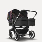 Bugaboo Donkey 5 twin stroller graphite base, midnight black fabrics, art of discovery dark blue sun canopy