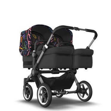 Bugaboo Donkey 5 twin stroller graphite base, midnight black fabrics, art of discovery dark blue sun canopy
