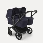 Bugaboo Donkey 6 twin stroller black base, deep indigo fabrics, deep indigo sun canopy