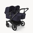 Bugaboo Donkey 6 twin stroller black base, deep indigo fabrics, deep indigo sun canopy