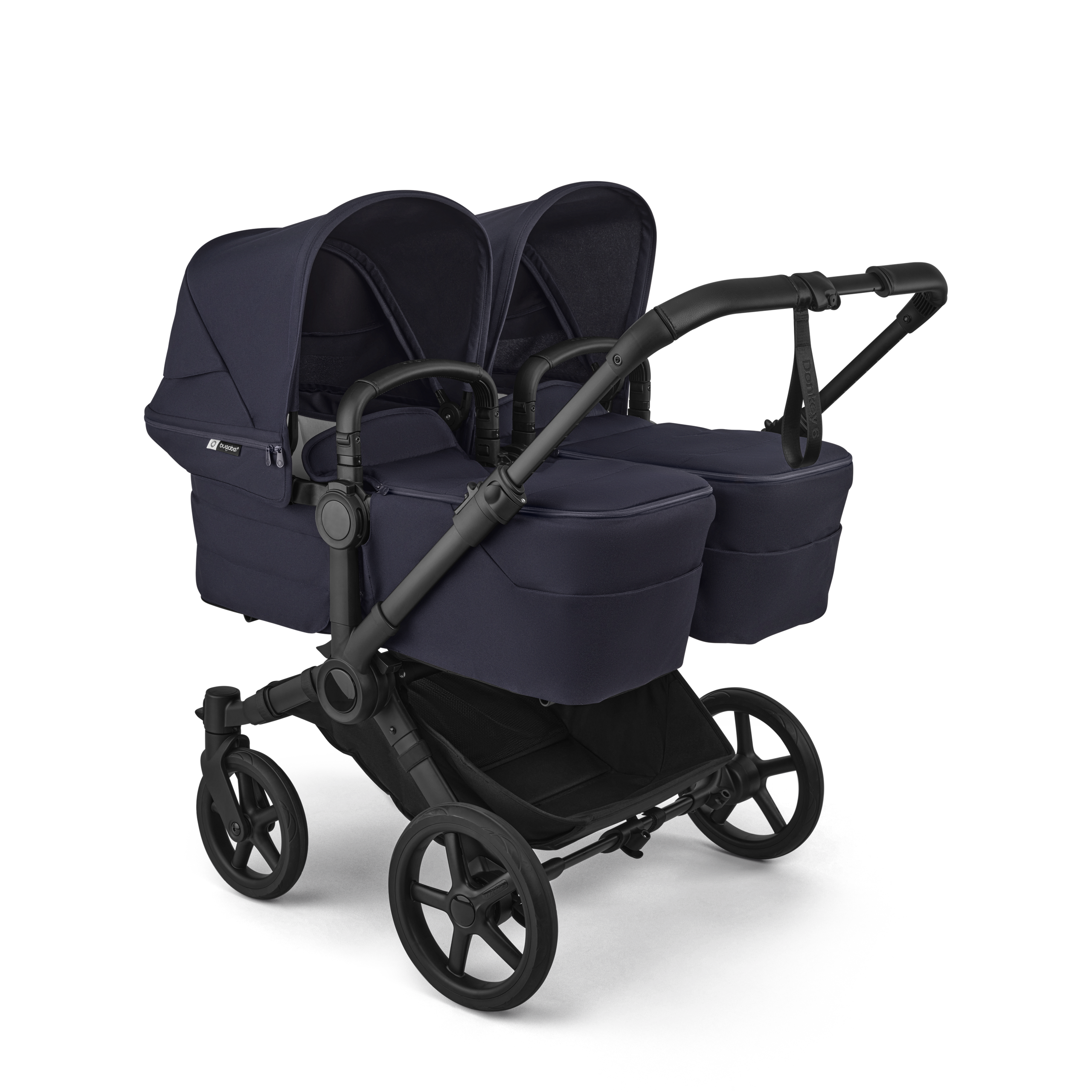 Bugaboo Donkey 6 twin stroller black base, deep indigo fabrics, deep indigo sun canopy view 1 - Thumbnail Slide 1 of 9