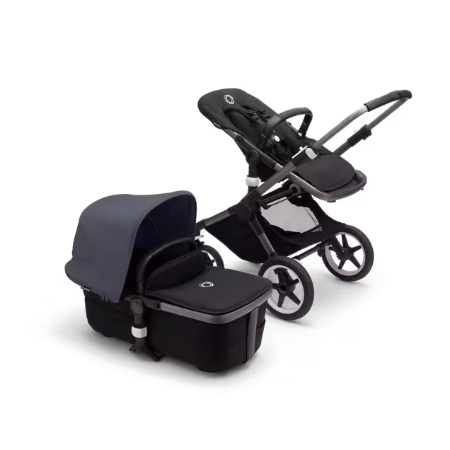Bugaboo Fox 3 bassinet and seat stroller graphite base, midnight black fabrics, stormy blue sun canopy - Main Image Slide 1 of 7