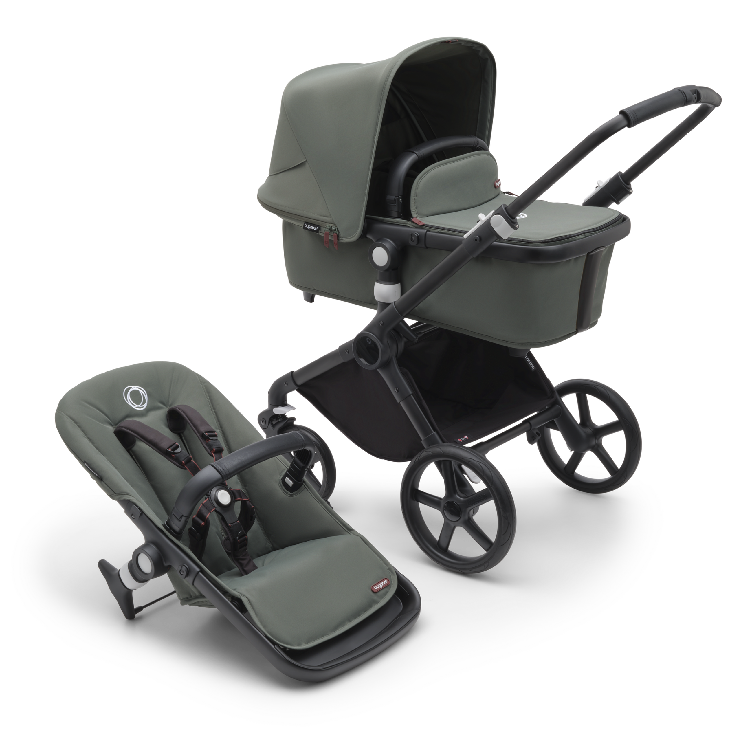Bugaboo Fox Cub 2-in-1 stroller black base, forest green fabrics, forest green sun canopy - Thumbnail Slide 1 of 12