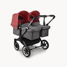 Bugaboo Donkey 5 twin stroller graphite base, grey mélange fabrics, sunrise red sun canopy