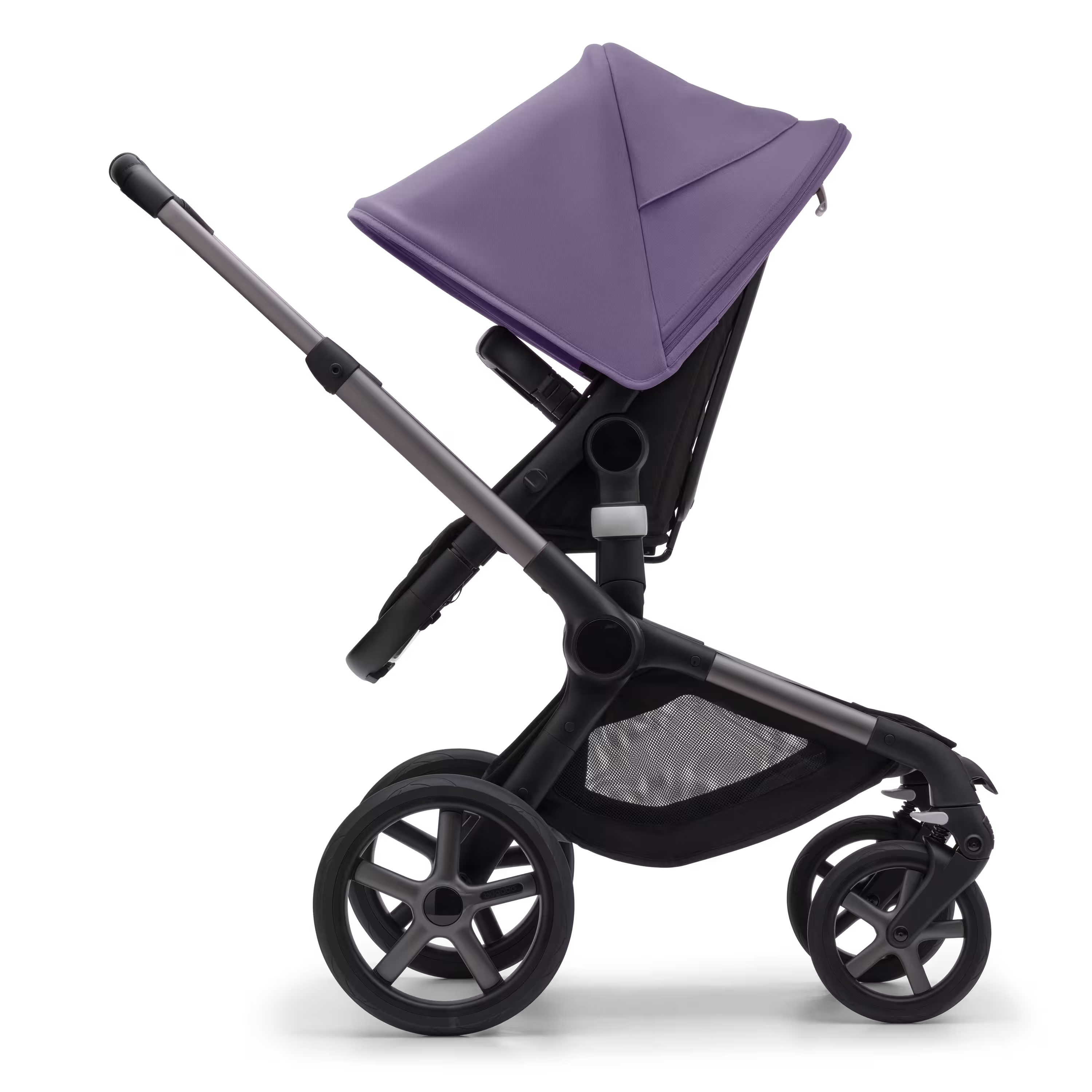 Side view of the Bugaboo Fox 5 seat stroller with graphite chassis, midnight black fabrics and astro purple sun canopy. - Main Modal Image Slide 3 of 13