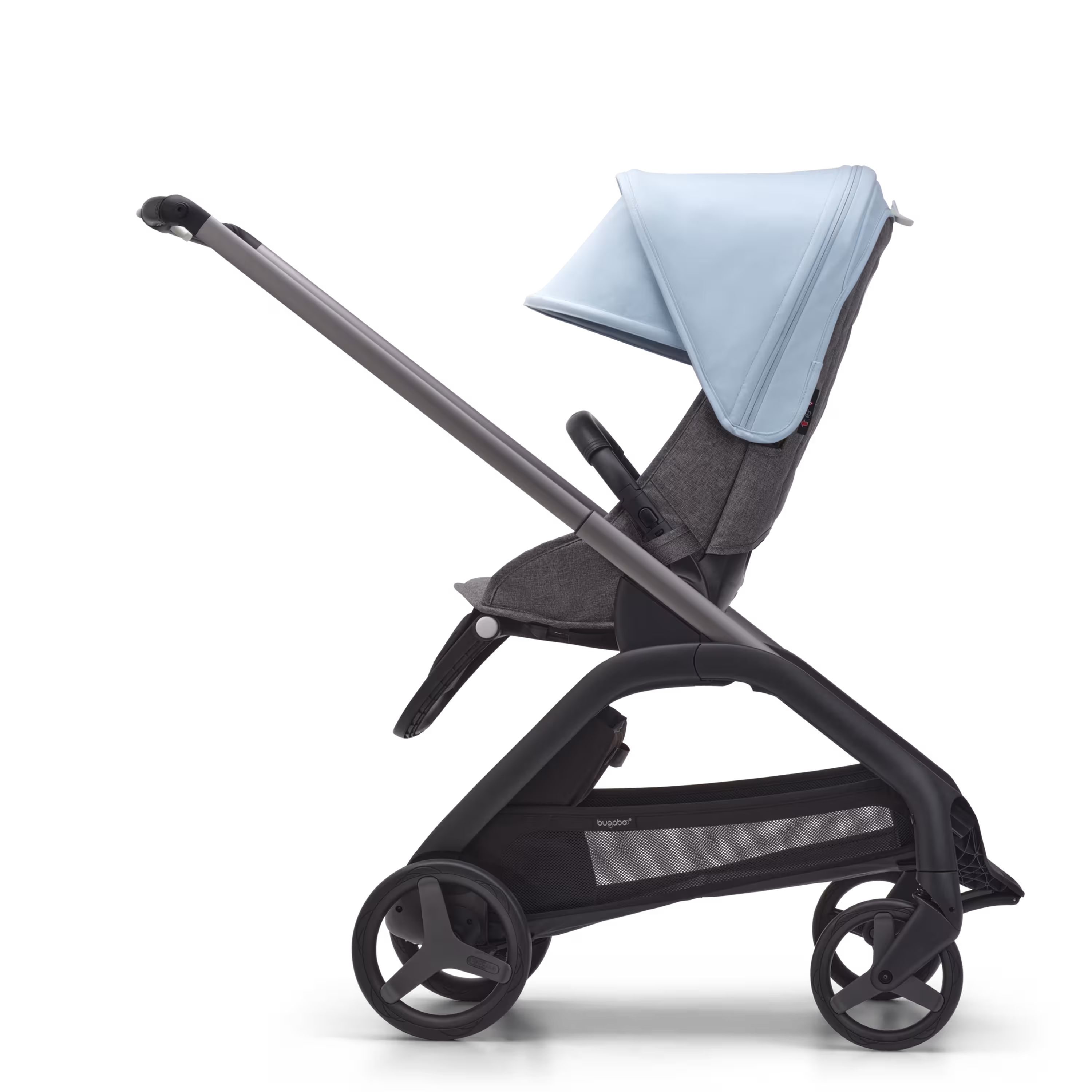 Side view of the Bugaboo Dragonfly seat stroller with graphite chassis, grey melange fabrics and skyline blue sun canopy. - Main Modal Image Slide 2 of 16
