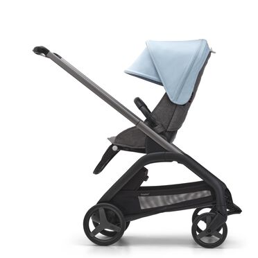 Side view of the Bugaboo Dragonfly seat stroller with graphite chassis, grey melange fabrics and skyline blue sun canopy. - view 2