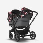 Bugaboo Donkey 5 Duo double stroller black base, grey mélange fabrics, animal explorer pink/ red sun canopy