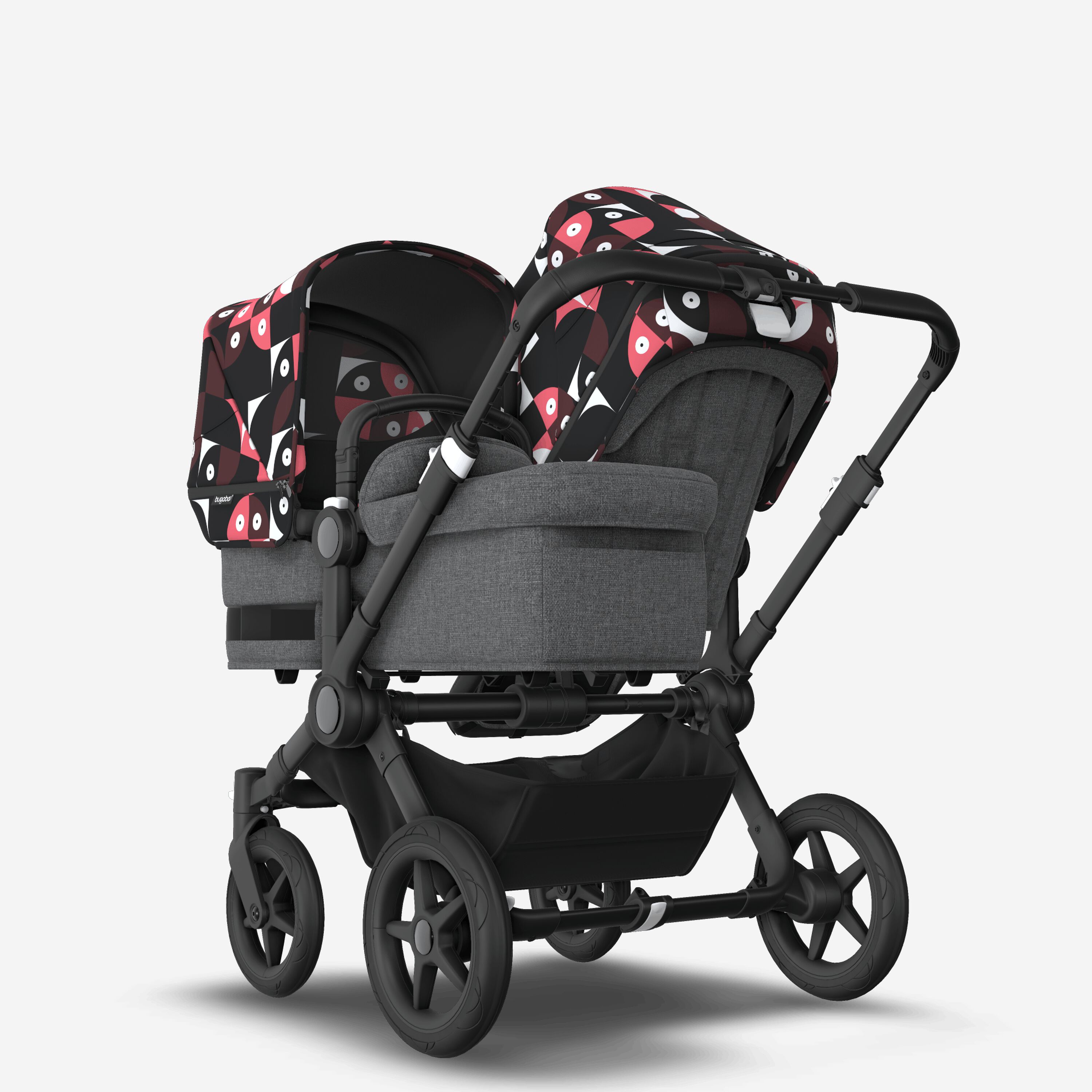 Bugaboo Donkey 5 Duo double stroller black base, grey mélange fabrics, animal explorer pink/ red sun canopy - Main Modal Image Slide 1 of 10