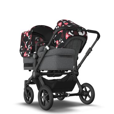 Bugaboo Donkey 5 Duo double stroller black base, grey mélange fabrics, animal explorer pink/ red sun canopy