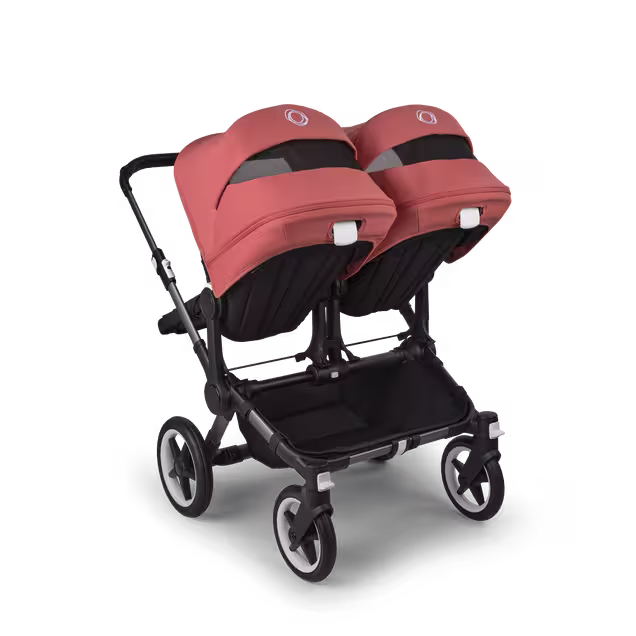 Bugaboo Donkey 5 twin stroller graphite base, midnight black fabrics, sunrise red sun canopy - Main Image Slide 4 of 12