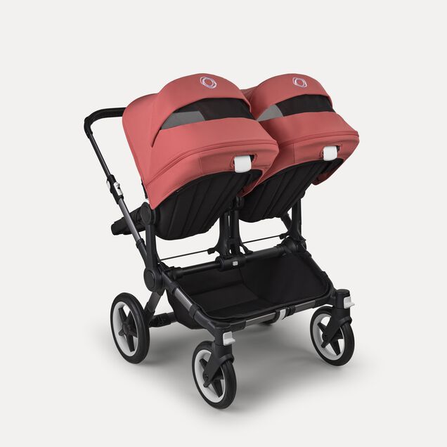 Bugaboo Donkey 5 twin stroller graphite base, midnight black fabrics, sunrise red sun canopy - Main Image Slide 4 of 12