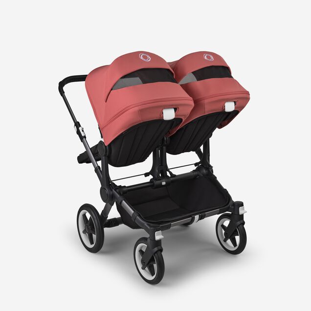Bugaboo Donkey 5 twin stroller graphite base, midnight black fabrics, sunrise red sun canopy - Main Image Slide 4 of 12