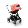 Back view of a Fox 3 seat stroller with graphite frame, black fabrics and red sun canopy with peekaboo panel. - Thumbnail Slide 9 of 9