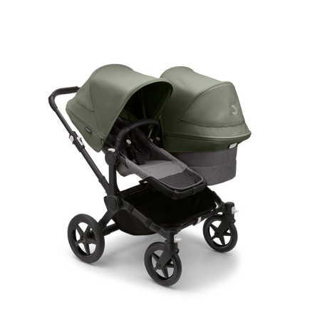Bugaboo Donkey 5 Duo seat and bassinet stroller with black chassis, grey melange fabrics and forest green sun canopy.